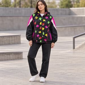 Vintage Activology Windbreaker Jacket M Black Neon Geometric Hooded 90s Retro
